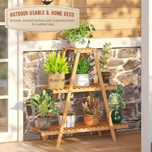 GHWIE Plant Stand Indoor Plant Shelf Outdoor bamboo Plant Rack, 3 Tiers Ladder Plant Holder Flower Stand for Living Room Balcony Garden Patio,Living Room Boho Home Decor for Gardening Gifts (Natural) - Image 3