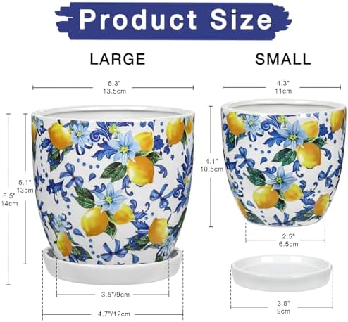 5.3+4.3 inch Ceramic Plant Pots, Set of 2 Blue and White Plant Pot with Drainage Holes and Saucers Small Lemon Indoor Planters Decorative Flower Pots for Succulents, Cacti, Snake Plants, and Herbs - Image 2