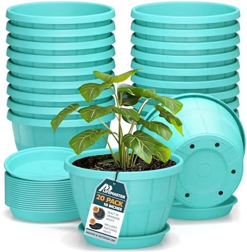 10-Inch Whiskey Barrel Planters Outdoor Pack of 20 - Durable Plastic Plant Pots for Indoor & Outdoor Use with Drainage & Saucer, Lightweight Rustic Barrel Planters for Flowers, Herbs & Small Plants by LIFEMASTER