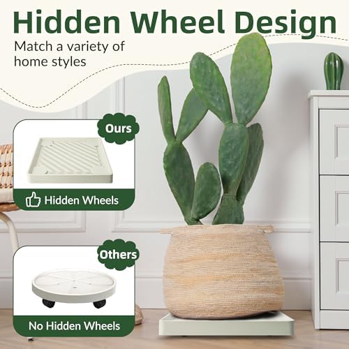 REDHUGO 2PCS Square Plant Caddy with Hidden Wheels, Heavy Duty Rolling Plant Stand Caddy with Wheels, Pot Base for Indoor Outdoor, Beige, 14 inches - Image 5