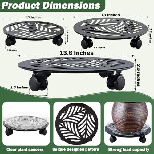 3 Packs Large Metal Plant Caddy with PU Wheels 12"/ 13"/ 13.6" Heavy-Duty Wrought Iron Rolling Plant Stands Indoor Outdoor Wheeled Plant Dolly Planter Mover Rollers Plant, Leaf Style - Image 4
