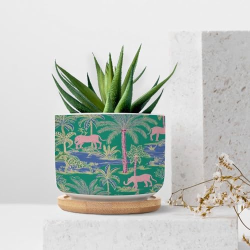 Animal Green Chinoiserie Planter Ceramic Asian Thailand Pink Elephant Floral Round Flower Pots with Drainage Holes and Bamboo Tray Pot for Indoor Outdoor Garden - Image 7