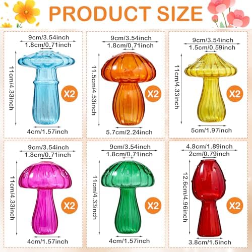 13 Pcs Glass Mushroom Vase Propagation Station with Hydroponic Plant and Artificial Fake Moss 6 Colored Plant Vase Table Centerpiece Decor for Forest Birthday Wedding Party Decoration (Bright Color) - Image 2