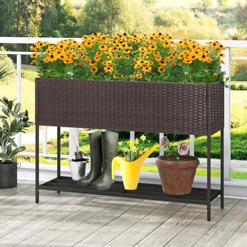 GIANTEX Raised Garden Bed with Legs, 40" x 12" Rattan Elevated Planter Box w/Storage Shelf, Removable Liner, Drainage Gaps for Vegetables, Flowers & Herbs, Outdoor Planting Stand for Backyard Patio - Image 2