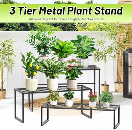 Metal Plant Stand Indoor Outdoor, 3 Tier Potted Multiple Flower Pot Holder Rack Plant Shelf, Heavy Duty Planter Display Shelving for Patio Balcony Garden Living Room Decorative (Black-3 Tier) - Image 5