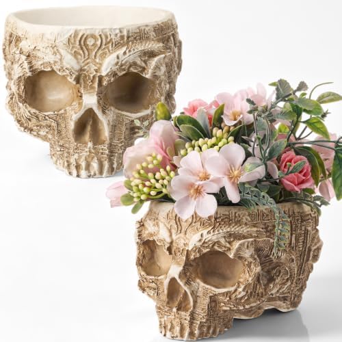2 Pack Halloween Skull Planter, White, Carved by Acellegic
