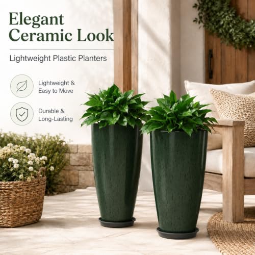 Neoaider Set of 2 Tall Planter, 21 inch Large Plastic Planter, Dark Green - Image 2