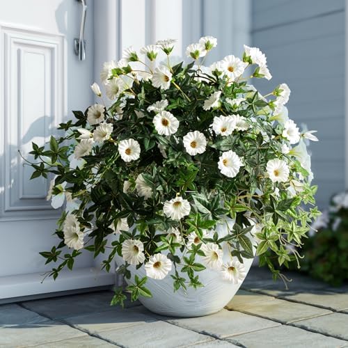 Artificial Flowers Artificial Petunias for Outdoors 2PCS Artificial Hanging Plants Outdoors Silk Flowers with Stems Outdoor Flowers Uv Resistant for Porch DecorTerrace Decor（White）Without Pot by ENALGRE
