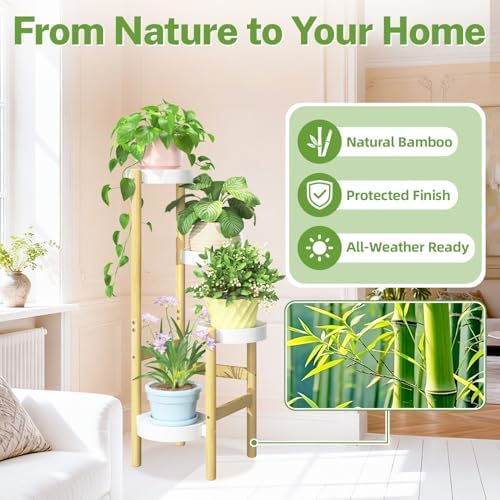 iDavosic.ly 4 Tier Bamboo Plant Stand Indoor Outdoor, Plastic Tray, White - Image 4