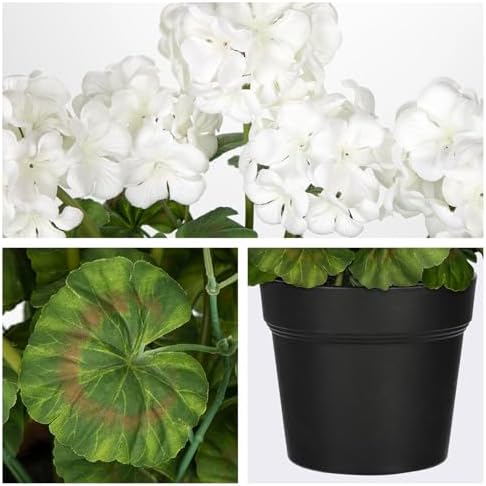 Briful Artificial Geranium Potted Plant – 16” Tall, Realistic Silk Flowers with Vibrant Green Leaves, White Geraniums Fake Flowers for Outdoors Home Décor, Wedding Farmhouse Office Tables Decor - Image 4