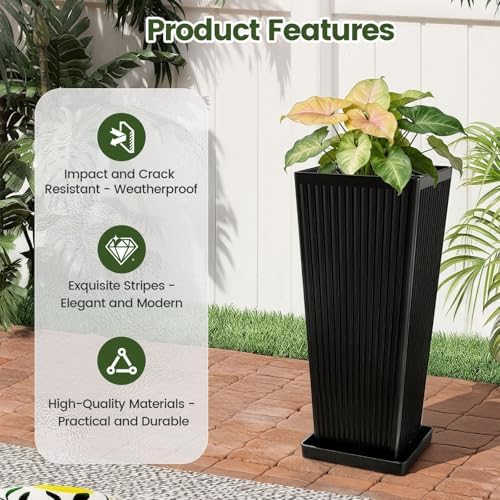24" Tapered Tall Planters for Outdoor Plants with Tray&Shelf, Black - Image 4