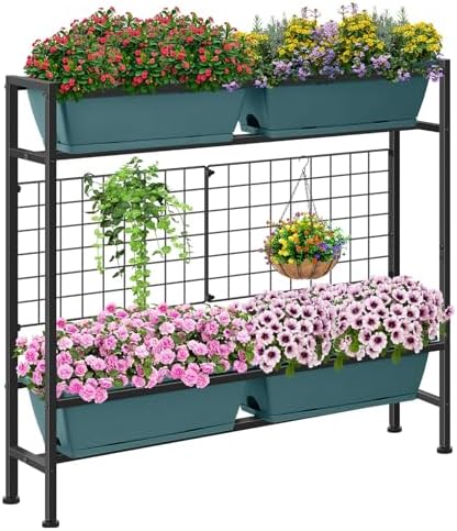 CADUKE Raised Planter Box with Legs, 32" Elevated Vegetable Garden Beds, Raised Garden Bed with Drainage Holes & Trellis, Herb Garden Planter Outdoor for Vegetables, Balcony, Patio, Green by CADUKE
