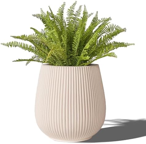 16" Pear-Shaped Fluted Outdoor Planter, Off-White, Modern Round Plant Pot by TerraDecoOutdoorPlanters