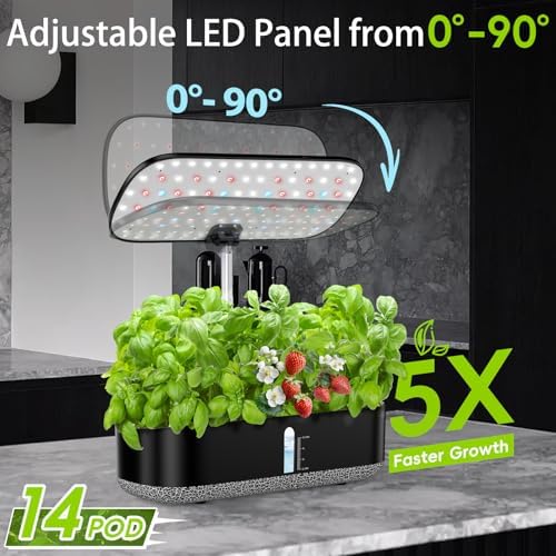 Hydroponics Growing System with LED Grow Light, 14 Pods Indoor Herb Garden Full Spectrum Rotatable Light Panel, Auto On Off Timing 12 14 16Hrs, 5L Water Tank, Harvest Fresh Basil Tomato (Black) - Image 2