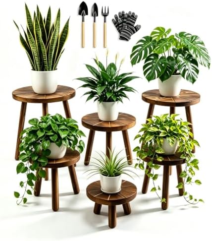 6-Pack Wood Plant Stand, Carbonized for 6-12" Pots Indoor Outdoor by AMVAQKER