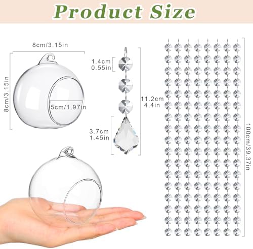 GlikCeil 56 Pcs 3.15'' Hanging Glass Tealight Holder with Clear K9 Crystal Garland Strands and Maple Leaf Pendants Globe Plant Terrariums Glass Orbs for Wedding Party Valentine Decoration - Image 3