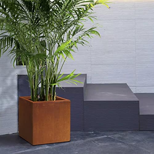 Kante 16 Inch Square Concrete Planter for Outdoor Indoor Home Patio Garden, Large Plant Pot with Drainage Hole and Rubber Plug, Faux Weathering Steel - Image 7