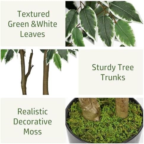 2 Pack Artificial Ficus Tree 4ft Silk Fake Ficus Leaves Plant 120cm Potted Faux Ficus Tree with Decorative Moss Dual Trunks Indoor Outdoor Big Fake Plants with Pot for Home Garden Office Livingroom - Image 3