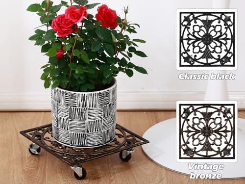 2 Packs 12" Square Metal Plant Caddy with Wheels Large Heavy-Duty Cast Iron Planter Dolly Pot Mover, Indoor Outdoor Vintage Rolling Plant Stands with Casters Wheeled Plant Roller Base, Rustproof Bronze - Image 7