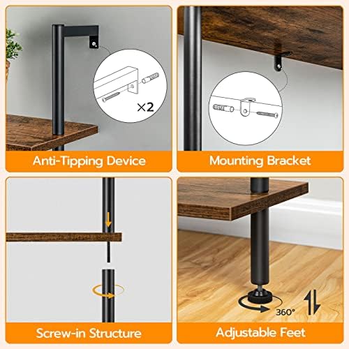 HOOBRO DIY Ladder Shelf, 5-Tier Wooden Wall Mounted Bookshelf, Narrow Bookcase, Display Shelf, Storage Rack, Plant Stand, for Living Room, Bedroom, Study, Balcony, Rustic Brown and Black BF531CJ01 - Image 6