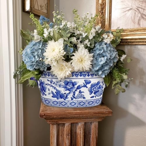 Blue and White Ceramic Planter Pot – Vintage Floral Oval Cachepot Vase for Indoor Plants, Flowers & Succulents – Glazed Chinese Porcelain Style Decorative Bowl – 7.4" or 10.6" Size – No Drainage - Image 3