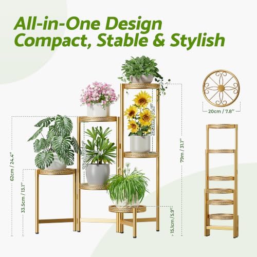 Metal Gold Plant Stand Indoor Outdoor, 6 Tier Tall Flower Pot Holder Potted Display Rack Shelf, Heavy Duty Corner Plant Shelf for Patio Garden Balcony Living Room Bedroom - GoldS - Image 2