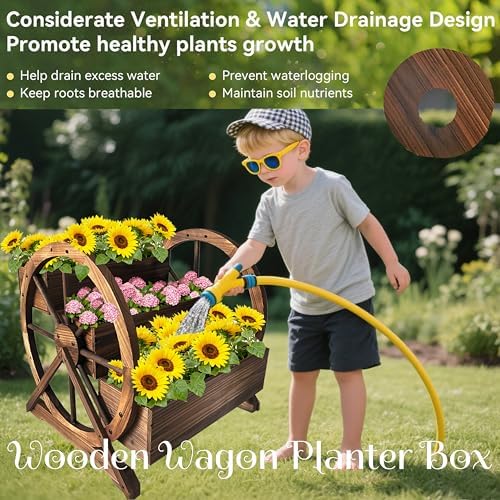 NestNature Wooden Wagon Planter Box|Raised Garden Bed W/Wheels for Plants - Image 7