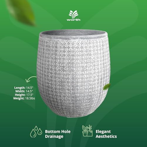 Worth 14.5" Round Planter, Lightweight Magnesium Oxide Cement Plant Pot, Raised Pattern Concrete Look with Drainage Hole for Indoor/Outdoor Use, Grey - Image 4