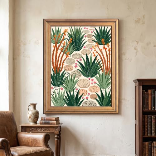 Framed Canvas Wall Art Bohemian Gouache Desert Garden Pathway Terracotta Green Canvas Print Poster Gold Frame Wall Decor for Living Room Desert Botanical Art, Boho Home Decor - Inch 16x20 - Image 4