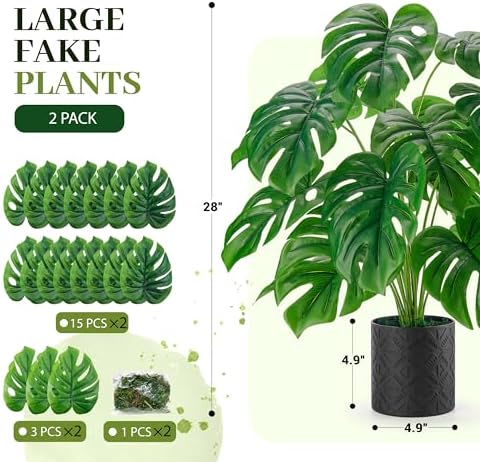 Der Rose 2 Pack 28" Fake Plants, Monstera Plant in Black-and-White Pots - Image 2