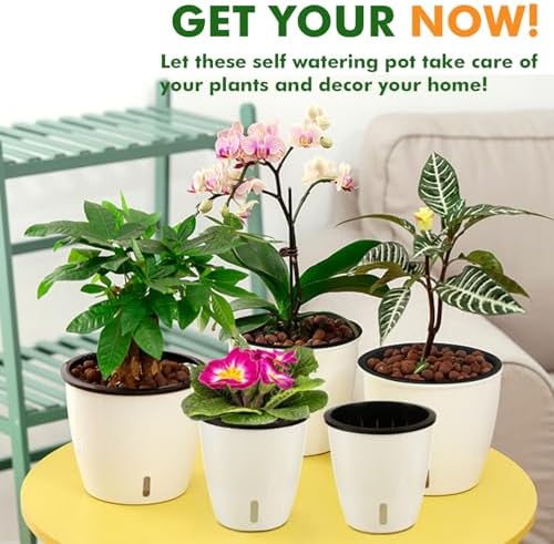 Planterhoma 5 Inch Self Watering Pots for Indoor Plants, 12 Packs African Violet Pots with Indicator, Black Wick Pot with Drainage Holes, Self Watering Planters for Orchid, Devil's Ivy, White - Image 4