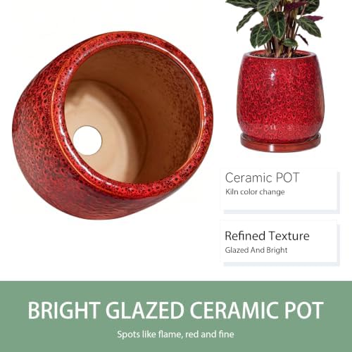 10.3 Inch Ceramic Glaze Plant Pot with Saucer, Flower Pots with Drainage Hole Mesh Net (Spot Red) - Image 6