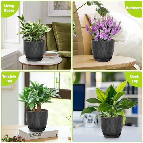 Plastic Plant Pots 10/9/8/7.5/7 inch Set of 5, Flower Planters with Drainage Holes and Saucers, Plastic Pots for Indoor Outdoor Plants, Livingroom Garden Decor (Black) - Image 6