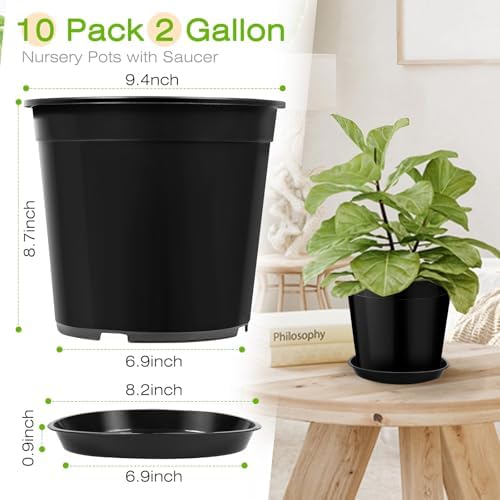 FUIJOL 2 Gallon Plastic Pots with Drip Trays, Sturdy Gallon Plant Pots with Drainage Holes, Large Plastic Planter for Flowers, Ideal for Indoor and Outdoor Use (2Gallon-10PACK) - Image 3
