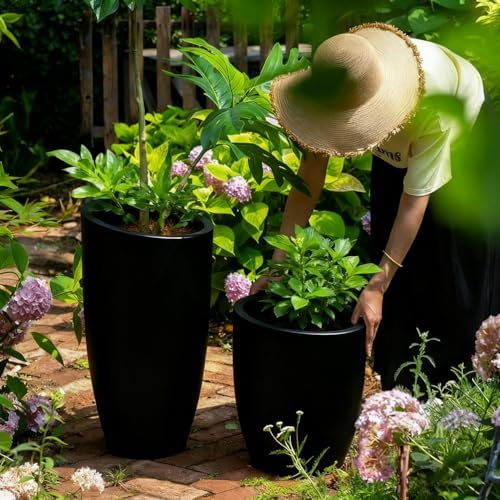 Bevel Mouth Concrete Tall Flower Pot, Large Outdoor Decorative Plant Pot with Drainage Hole,Modern Planter Pots for Home,Garden,Patio,Courtyard,Porch,Black1 - Image 7