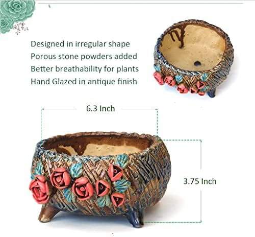 6.3 Inch Succulent Pot Handmade Flower Design Round Ceramic Antique Plant Pot Cactus Pot Planter with Drainge and Mesh Pad (Dark Red) - Image 3