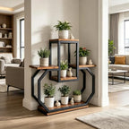 Wooden Plant Stand Indoor, 26.96" Tall Flower Stand with Square Brown Shelves, 5-Tier Black Metal Plant Shelf Corner Flower Rack, Unique Geometry Flower Pot Holder, Multi-tiered Display Shelf for Living Room Bedroom Study Room Balcony Office - Image 6