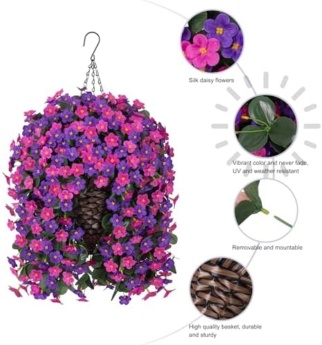 Artificial Fake Hanging Flowers with Basket for Outdoor Decoration,UV Resistant Faux Silk Daisy Flowers Dark Purple and Fuchsia Orchid Vines in Planter Realistic Hanging Baskets for Home Porch Garden - Image 2