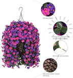 Artificial Fake Hanging Flowers with Basket for Outdoor Decoration,UV Resistant Faux Silk Daisy Flowers Dark Purple and Fuchsia Orchid Vines in Planter Realistic Hanging Baskets for Home Porch Garden - Image 2