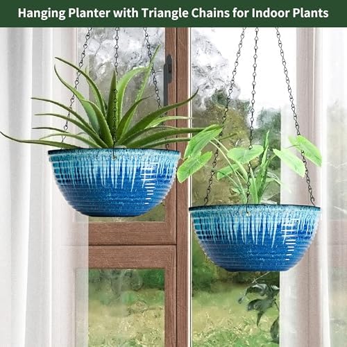 12 inch Large Hanging Planters for Indoor Outdoor Plants, Set of 2 Glazed Hanging Flower Pots with Drainage Hole, Hanging Baskets for Garden Home Porch Decor - Image 7