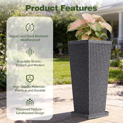 Square Tall Planters for Outdoor Plants with Tray - 24" Gray 2Pack - Image 4