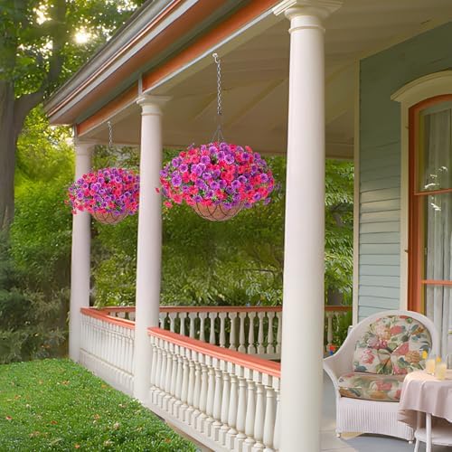 Artificial Fake Hanging Flowers with Basket for Outdoor Decor 12 Pcs UV Resistant Faux Silk Morning Glory Flowers Plants for Outdoor Outside Planters Home Porch Patio Balcony Spring Summer Décor - Image 5