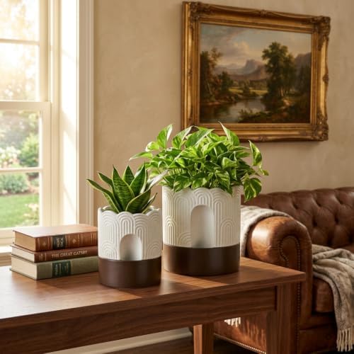 Nihow Self Watering Plant Pot Set: 6 Inch & 8 Inch Ceramic Planter with Drainage Hole & Water Storage Plus - Relief Design Self Watering Pot for Indoor Plants - Beige & Brown Flower Pot -Set of 2 - Image 6