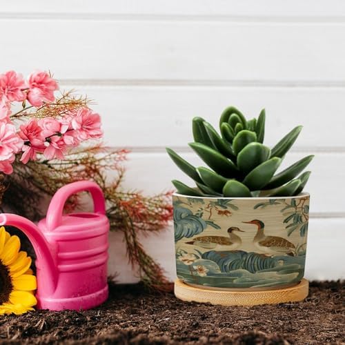 Garden Planters Ceramic Round Plant Pot with Drainage Holes and Bamboo Tray Pot for Home Desktop Office Windowsill - Image 5