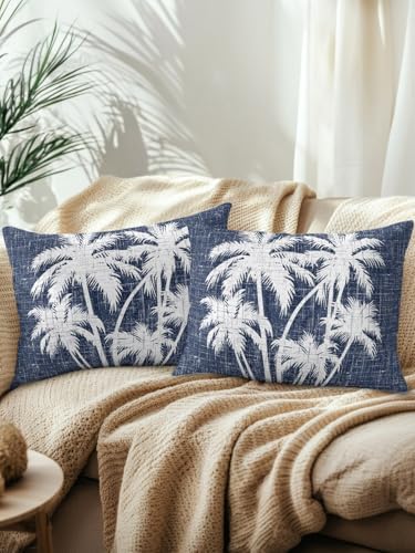 Outdoor Pillows Waterproof Set of 2, Tropical Palm Tree Patio Throw Pillows for Couch Bed Sofa with Insert, Vintage Dark Blue Exotic Botanical Plants Decorative Reading/Camping Pillow Set 12x20 Inch - Image 2
