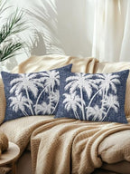 Outdoor Pillows Waterproof Set of 2, Tropical Palm Tree Patio Throw Pillows for Couch Bed Sofa with Insert, Vintage Dark Blue Exotic Botanical Plants Decorative Reading/Camping Pillow Set 12x20 Inch - Image 2
