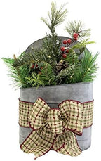 Lighted Christmas Wall Tin Pocket Galvanized Planter Bucket Pail Metal Farmhouse Rustic Evergreen Pinecone Arrangement LED Timer Lights Xmas Decor Hanging Decoration Holiday Wreath Style Bow Red Green by Handmade