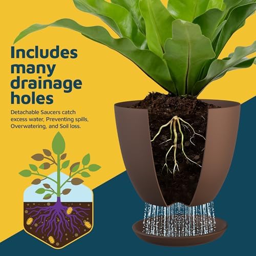 Brown Plant Pots with Drainage Holes & Saucers 15 Pack, Indoor & Outdoor Stackable Space-Saving Planters for Houseplants & Flowers, (7", 6.7", 6", 5.3", and 4.8" Inches), Durable & Weatherproof - Image 6