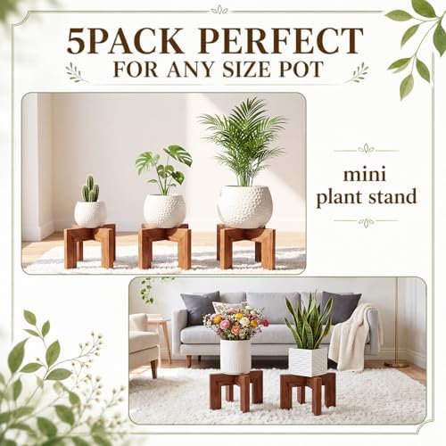 Tandefio 5 Pack Fall Wood Plant Stand Indoor Outdoor Plant Holder Modern Sturdy Planter Stands, Single Flower Pot Holder , Fit 5-9 Inch Variety Pot, Easily Assemble, Retro Brown (8 x 4.5 Inches) - Image 4