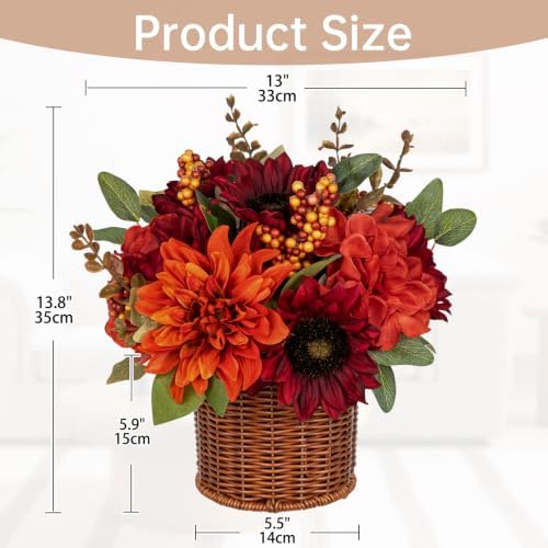 Hollyone 13.8" Hydrangea Fall Flowers Arrangement in Baskets Outdoor Indoor Fake Hydrangea Sunflowers Artificial Flower in Woven Baskets Fall Decor Red Orange Faux Plants Autumn Decorations for Home - Image 2